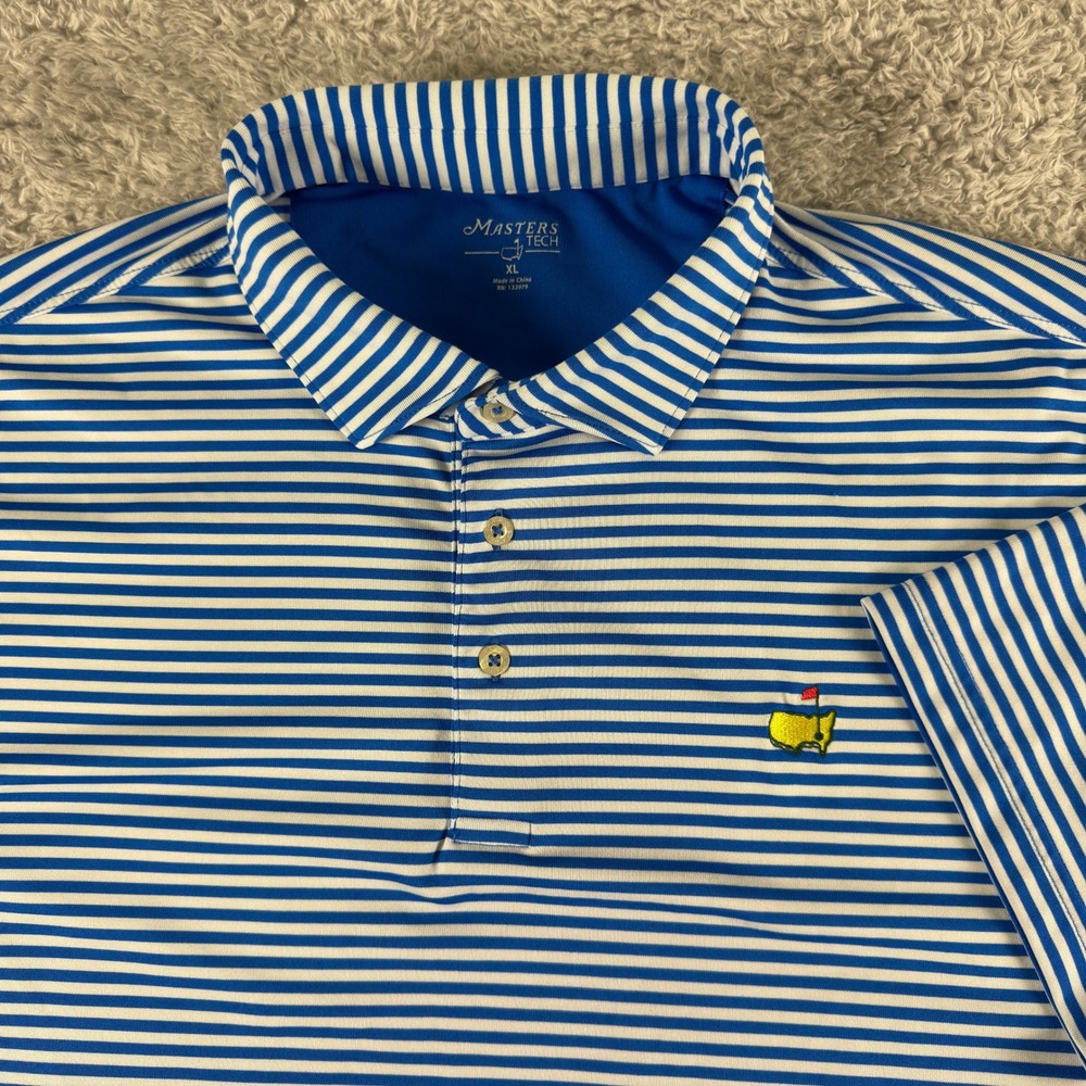 Masters Tech Mens XL Blue White Striped Performance Golf Polo Shirt Short Sleeve